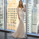 Runhufu Detachable 2 In 1 Wedding Dress Pearls Mermaid Embroidered Lace On Net With V-neck Full Sleeve Button Gowns Robe De Marie