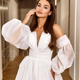 Runhufu Elegant A-Line Wedding Dresses White 2023 Puff Sleeve Corset Back Bridal Gowns Boho Beach Evening Wedding Gowns Custom Size