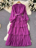 Runhufu Spring French Style Chiffon Long Dress 2024 Long Sleeve Single Breasted Fashion Belt Women A-Line Elegant Party Dress