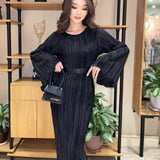 Runhufu and The United States Dresses Women's Models Fall New Round Neck Tie Flare Long-sleeved Long Section Pleated Long Skirt