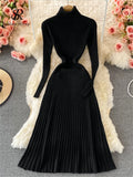 Runhufu Women Pleated Knitted Dress Turtleneck Long Sleeve Elastic Slim Pencil Dress Autumn Winter Sexy Bodycon Sweater Dress