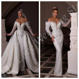 Runhufu New Luxury Wedding Dress Sparkly Sequin Dubai Off-Shoulder Long Sleeves Pearls Beads Mermaid Detachable Train Bridal Gown