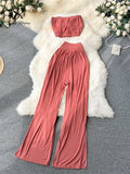 Runhufu Korean Style Hotsweet Sets Sexy Strapless Short Tops+Basics High Waist Split Wide Leg Pants Fashion Casual Beach Suits