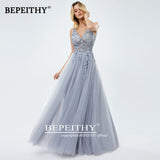 runhufu A-line Gray Formal Occasion Dress With Slit Lace Prom Dresses For Women Party Wedding Evening A-line Bridesmaid Gown