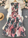 Runhufu Ethnic Style Print Dress Women Spring New Fashion Puff Sleeve Lace-up Design Sheath 2024 Retro A-Line Long Dress