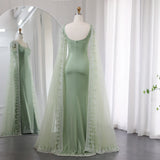 Runhufu Said Luxury Blue Mermaid Dubai Evening Dresses with Cape Sleeves Sage Green Elegant Arabic Women Wedding Party GownsSS445