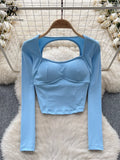 Runhufu Women Sporty Tops Square Collar Long Sleeve Backless Kink With Chest Pad Slim Fit American Streetwear Sexy Mini Blouse