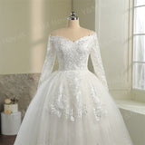 runhufu Neck White Full Sleeve Wedding Dresses Long Appliques Lace Embroidery Sweetheart Off the shoulder Vintage Bridal Ball Gowns