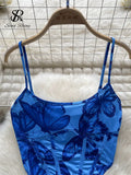 Runhufu Women Butterfly Print Two Pieces Sets Summer Strap Corset Slim Camisole+Drawstring Mini Skirt Elastic Y2K Beach Suits