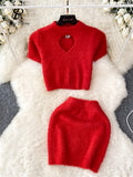 Runhufu Sweet Fur Women Suits O Neck Short Sleeves Hollow Out Tops+Mini Bodycon Skirt 2024 Korean Style Streetwear Fashion Set