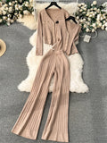 Runhufu Senior Knitted Suits Fashion Metal Button Vest+V Neck Long Sleeves Cardigans+Wide Legs Pants Stripe Three Pieces Sets