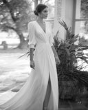 Runhufu Arrival Classic Wedding Dresses 2024 Bohomian Front Slit Bridal Gowns 3/4 Sleeves Bride Dress V Neckline Wedding Gowns White