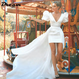 Runhufu Two Piece Satin V Neck Beach Short Wedding Dresses Detachable Train Backless Short Sleeves A-line Mini Bridal Gowns