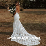 Runhufu Spaghetti Straps V Neck Mermaid Wedding Dresses Lace Summer Beach Boho Wedding Gowns Elegant Backless Custom Bridal Dress