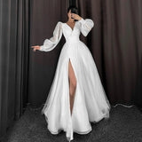 Runhufu V-Neck Wedding Dresses Full Sleeves Long Bride Dress Button A-Line Tulle Slit Sexy Dress For Women 2024 Robe De Mariee