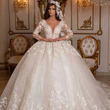 Runhufu 2024 Lace Wedding Dresses Princess Ball Gowns Beading Bridal Shinny Tulle Long Sleeves Elegant Luxury Marriage Dress