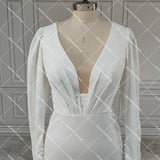 Runhufu Picture Deep V Neck Hollow Back Minimalist Wedding Dress Custom Made Sheath Buttons Ruched Satin Mermaid Bridal Gowns