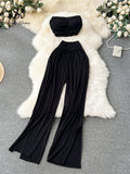 Runhufu Korean Style Hotsweet Sets Sexy Strapless Short Tops+Basics High Waist Split Wide Leg Pants Fashion Casual Beach Suits