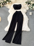 Runhufu Korean Style Hotsweet Sets Sexy Strapless Short Tops+Basics High Waist Split Wide Leg Pants Fashion Casual Beach Suits