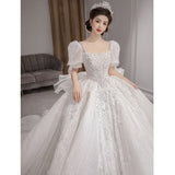 runhufu New Luxury Wedding Dresses Short Puff Sleeve Bridal Embroidered Organza And Tulle Sweetheart Heart Lace Wedding Gowns