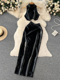Runhufu Summer Fashion PU Leather Slim Suits Sleeveless Short T Shirt+Shiny Long Skirt Sets Vacation Sexy Two Pieces Sets