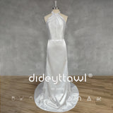Runhufu Real Picture Simple Halter Sleeveless Satin Mermaid Wedding Dress Open Back Sweep Train Bridal Gown Custom Made