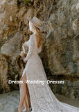 Runhufu O Neck Lace Boho Wedding Dresses Long Sleeve Side Slit Backless Beach Bride Dress Elegant Custom Made Vestido De Noiva