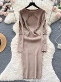 Runhufu 2024 Autumn Knitted Chic Dress O Neck Hollow Out Long Sleeves Bows Decoration Solid Women Slim Fit Bodycon Party Dress
