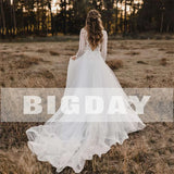 Runhufu A-Line Wedding Dresses Women 2024 Open Back Long Sleeves Lace V-Neck Bridal Gowns Tulle Sweep Train Vestidos De Noiva