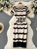 Runhufu Short Sleeves Striped Long Dress Lapel Neck Hollow Out Slim Bodycon Sundress Fashion Hotsweet Knitted Beach Midi Dress
