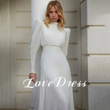 Runhufu High Neck White Chiffon Wedding Dress For Women Long Lantern Sleeve Pleats Elegant Sheath Bride Gown Button Sweep Train