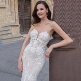 Runhufu Sexy Sweetheart Wedding Dress Sleeveless Lace Appliques Mermaid Boho Backless Bride Gown Spandex Train Vestido De Novia