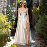 Runhufu High Slit Wedding Dress Lace Appliques Cap Sleeves Vestido De Novia Backless Elegant Bridal Gown For Bride Robe De Mariée