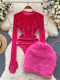 Runhufu 2024 Autumn Long Sleeves Bodysuits 2024 Women O Neck Open Crotch Velvet Slim Playsuits+Plush Sexy Mini Skirt Suits