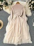 Runhufu Autumn Solid Knitted Long Dress Women Warm Vest+Long Sleeves Mesh Patchwork Thick Sweater Dress Two Pieces Suits