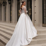 Runhufu Wedding Dresses 2024 Women Scoop Neck Full Sleeves Bride Satin With Lace Applique Sweep Train A Line Bridal Gowns Custom