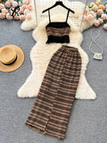 Runhufu Summer Knitted Beach Two Pieces Suits Women Strap Tassel Camis+Long Skirts Fashion Hollow Out Vintage Bohe Slim Sets