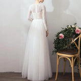 Runhufu Simple Bridal Dress With Bow Belt Classic O-neck Wedding Dresses With Long Sleeve Elegant Lace Tulle A Line Robe De Marie