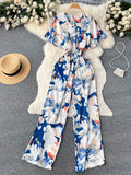 Runhufu Beach Summer Floral Jumpsuits Fashion V Neck Elastic Slim Short Sleeve 2024 Streetwear Vacation Retro Long Rompers