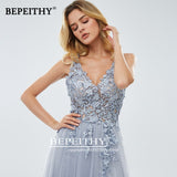 runhufu A-line Gray Formal Occasion Dress With Slit Lace Prom Dresses For Women Party Wedding Evening A-line Bridesmaid Gown
