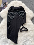 Runhufu Female PU Leather Sexy Skirt Patchwork Elastic Waist Slin Sheath Mini Skirt Streetwear Korean Club Sensual Skirts