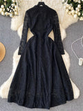Runhufu Autumn Elegant French Long Dress 2024 Stand Collar Long Sleeves Button Design Hotsweet Lace Party Dress