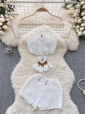 Runhufu Bohemian Knit Two Pieces Suits Women Lace Up Halter Tassel Backless Tops+Hook Flower Hollow Out Shorts Sexy Beach Sets