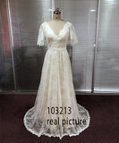 Runhufu Lace V-neck A-line/Princess Train Brush Bohemian Wedding Dress Butterfly Sleeve Nude Bridal Dress with Color
