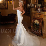 Runhufu White Mermaid Wedding Dresses Strapless Pearls Satin Bridal Gowns Boho Beach Backless Evening Wedding Prom Gowns Custom Size
