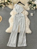 Runhufu American Retro Sequin Jumpsuit Diagonal Collar Solid Long Wide Legs Pants Romper Elegant Backless Sexy Party Jumpsuits