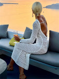 Runhufu Backless Tie Up Knit Crochet Beach Long Dress Women Fall Spring Hollow-Out O-Neck Wrap Bodycon Dress Holiday Party Wear