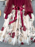Runhufu Senior Knitted Patchwork Dress Long Lantern Sleeves Bow Mesh Embroidery Floral Women Autumn France Elegant Party Dress