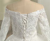 runhufu Neck White Full Sleeve Wedding Dresses Long Appliques Lace Embroidery Sweetheart Off the shoulder Vintage Bridal Ball Gowns