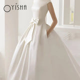 Runhufu Simple Satin Wedding Dresses For Bride 2023 Illusion Back Appliques Lace Bridal Gowns Bow Button A-Line Vestidos De Novia